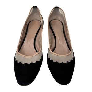 Chloe Lauren Scalloped Mesh Suede Block Heel Pumps Black Beige Size 39 Italy